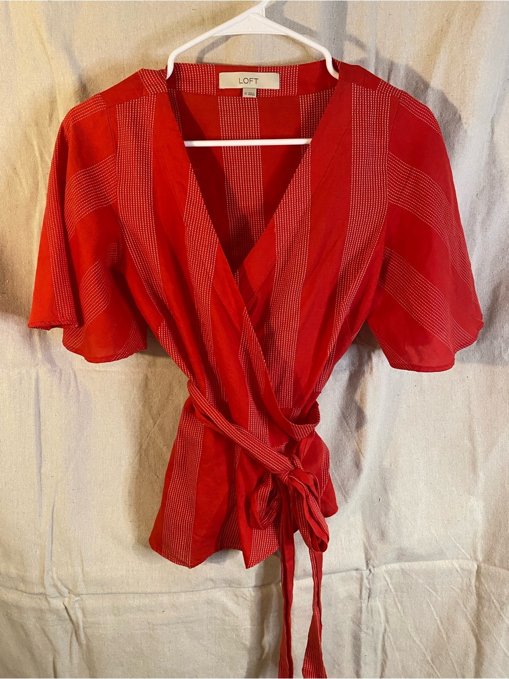 LOFT Red Striped Wrap Top with Tie